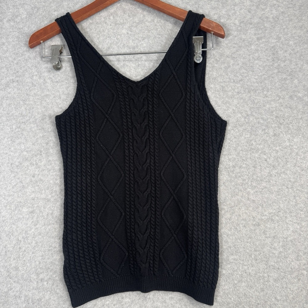Black Cable Knit Sweater Vest Womens L V-Neck Diamond Braid Sleeveless Tank